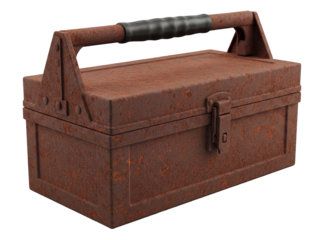 Rusty metal toolbox PNG isolated on transparent background, vintage container for tools and equipment storage, weathered and aged