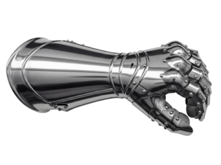 Polished steel medieval gauntlet isolated PNG, historical armor for protection and combat on transparent background