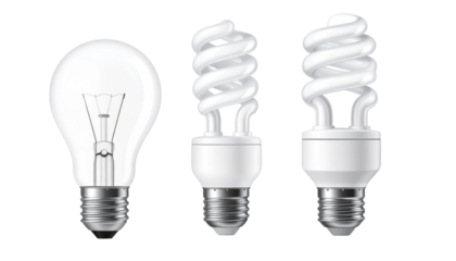 Illustration of three light bulbs; a classic incandescent, and two energy-efficient compact fluorescent bulbs. They are isolated on a transparent background