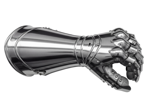 Polished steel medieval gauntlet isolated PNG, historical armor for protection and combat on transparent background