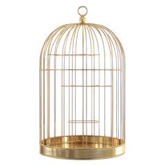 A golden, decorative birdcage against a black background. The cage has vertical bars, horizontal perches, and a rounded top