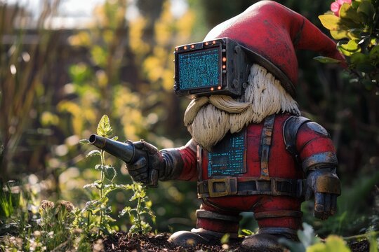Robotic garden gnome with vr headset watering plants outdoors