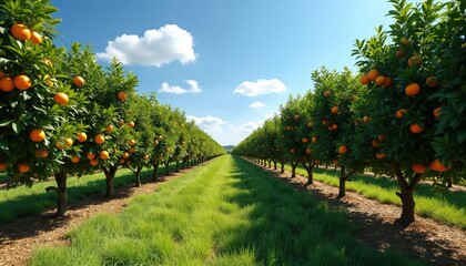 Rows of lush orange trees laden with ripe fruit stretch towards the horizon under a bright blue sky. A neatly mown grassy path divides the grove. Sunlight illuminates green leaves and vibrant citrus.