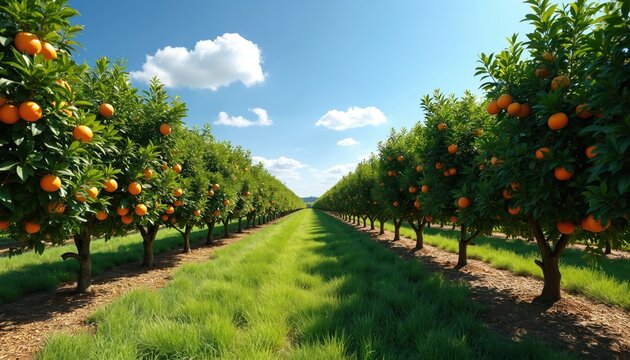Rows of lush orange trees laden with ripe fruit stretch towards the horizon under a bright blue sky. A neatly mown grassy path divides the grove. Sunlight illuminates green leaves and vibrant citrus.