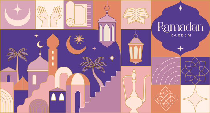 Ramadan Kareem background in modern geometric style. Islamic greeting card, poster and banner template design.