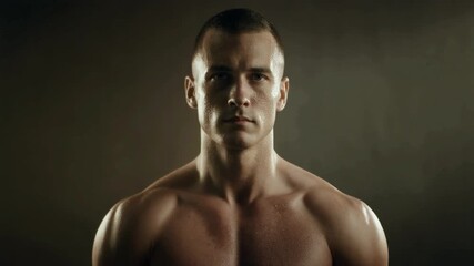 A dramatic portrait of a shirtless muscular athlete standing with an intense and determined expression, ready for a challenge