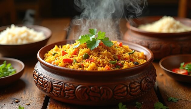 Warm vegetable biryani steams in clay pot on rustic table. Yellow rice dish with tomatoes peas carrots garnished with cilantro. Delicious Indian food for lunch.