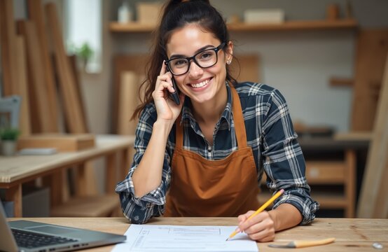 Young latin woman carpenter in apron, glasses talks on mobile phone, writes note with pencil at wooden table in carpenter shop. Female hispanic woodworker communicates with customer for woodworking