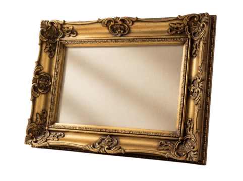 Ornate gold picture frame PNG isolated on transparent background, vintage style empty frame for artwork or photography display