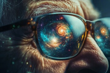 Elderly man's glasses reflect cosmic galaxy swirls