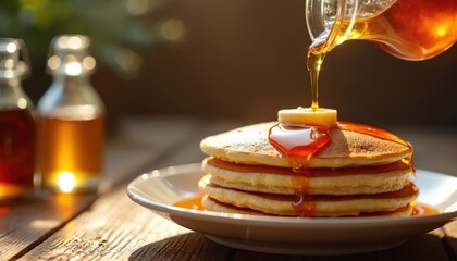 Stack of pancakes on white plate with butter being poured with golden syrup. Syrup cascade down fluffy pancakes breakfast scene. Food photography. Delicious morning dessert.