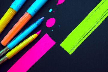 Vibrant neon markers on dark surface with colorful strokes