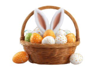 Easter basket filled with decorated eggs and bunny ears (1)