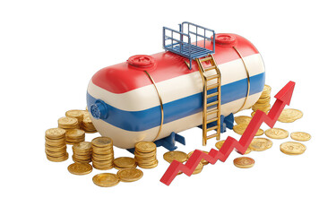 Fuel tank atop gold coins, rising arrow graphic