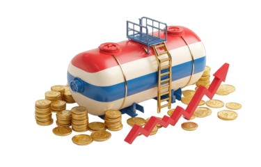 Fuel tank atop gold coins, rising arrow graphic