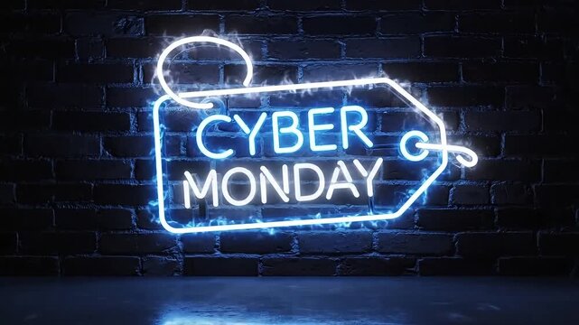 Bright neon sign displaying 'Cyber Monday' sale in a cool blue glow against a textured brick wall.