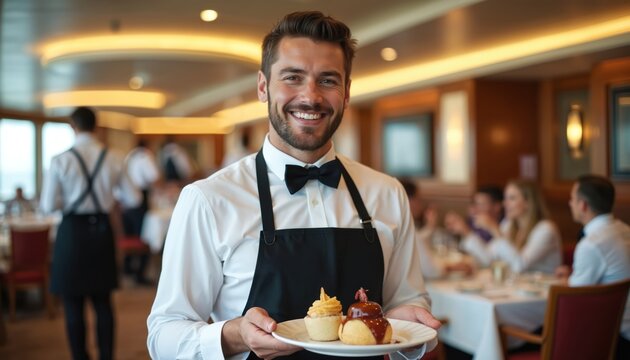 Smiling waiter holds dessert plate in upscale restaurant. Dining room with tables and guests, ship interior, formal service. Man in uniform offers sweets.