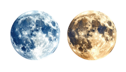Two contrasting celestial orbs, each a luminous sphere set against a stark black void. One is blue, the other gold