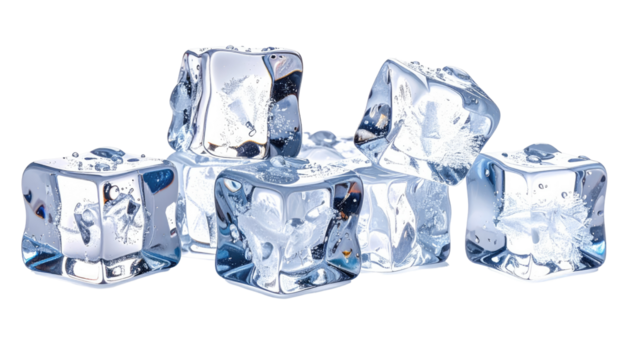 A close-up arrangement of translucent, geometrically shaped water solids with reflective surfaces, scattered on black - Powered by Adobe