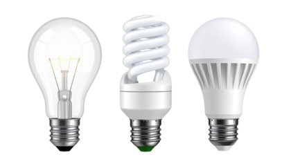 Illustration showcases three different light bulb types incandescent, compact fluorescent, and LED, each with a distinctive design