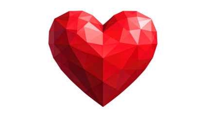 A 3D heart, rendered in a polygonal style, with varying shades of red, rests against a solid black background
