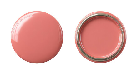 Two close-up views of a round, glossy, coral-colored object with a metallic ring on one side, isolated against a dark background