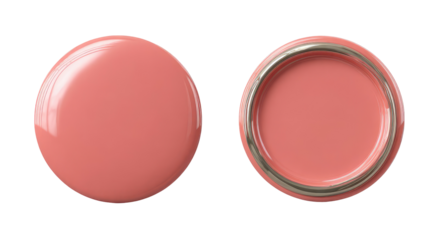 Two close-up views of a round, glossy, coral-colored object with a metallic ring on one side, isolated against a dark background