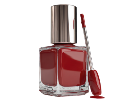 A square glass bottle filled with red nail polish, metallic cap, and a brush. The brush extends, with polish on the end. Isolated on black