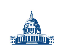 Blue-hued illustration of a large building with a prominent dome, columns, and rectangular structure, set against a black background