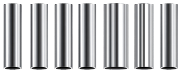 Six cylindrical metal tubes, reflective surfaces