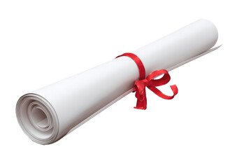 A rolled white scroll tied with a vibrant red ribbon on a stark black backdrop. The scroll suggests completion