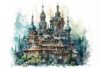 Obraz premium Watercolor illustration of a fantasy castle with numerous towers and domes, executed in a style reminiscent of ancient Russian and fairytale architecture 