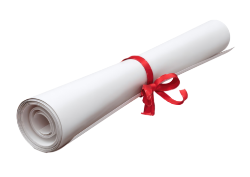 A rolled white scroll tied with a vibrant red ribbon on a stark black backdrop. The scroll suggests completion