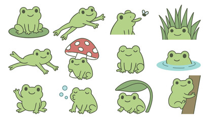 Cute Green Frog Illustration Set. Vector Collection of Funny Cartoon Amphibians in Various Poses