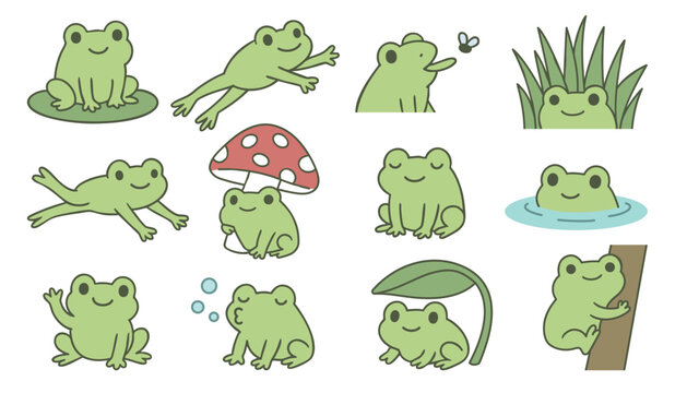 Cute Green Frog Illustration Set. Vector Collection of Funny Cartoon Amphibians in Various Poses