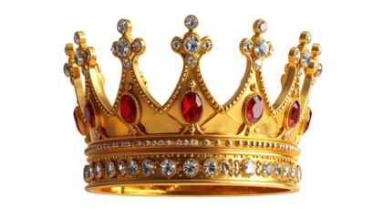 A luminous, gold-colored crown, resplendent with jewels. It features numerous brilliant-cut diamonds and rich red gems. The design is detailed and ornate