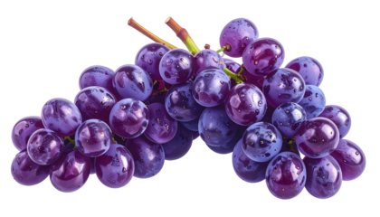 A close-up shot of a bunch of ripe, dark purple grapes, intricately detailed, with a slightly glossy appearance against a pure black background