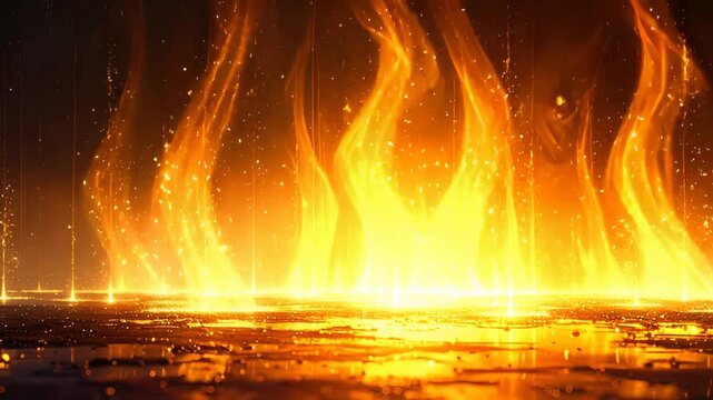 Dramatic columns of golden fire and orange particles rise from a dark, reflective ground, creating an intense, abstract background. Perfect for energy, power, and epic motion graphics.