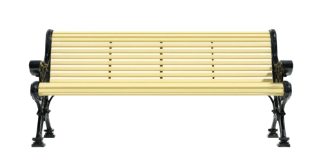 A frontal perspective of a park bench with wooden slats and black metal supports. It appears well-maintained against a transparent background