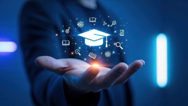 Man holding digital graduation cap icon with glowing light effects  