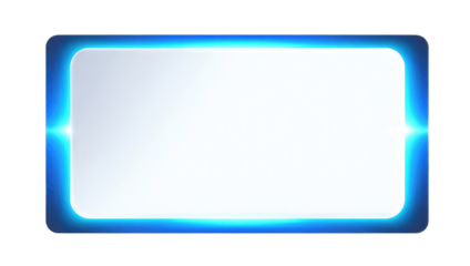 A luminous, rectangular shape with rounded corners. The central area is bright white with a slightly glossy appearance. A vibrant, glowing blue border frames it