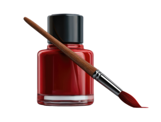 A vibrant red nail polish bottle with a black cap sits next to a paintbrush, rendered against a black backdrop