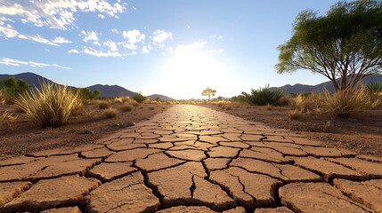 Sunlit Cracked Earth Pathway in Desert Landscape