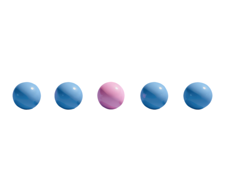 Five 3D spheres on a black background. Four blue spheres flank a central pink sphere, highlighting the concept of difference