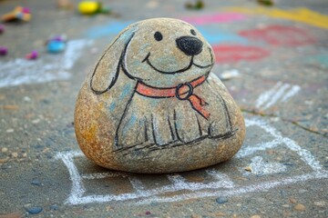 Painted rock with cartoon dog design on a chalked pavement