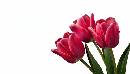 Three bright pink tulips isolated on white background.