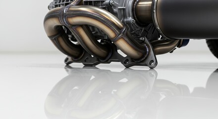 Close-up of a high-performance motorcycle engine with exhaust pipes, reflecting on a pristine white surface, showcasing intricate engineering and design.