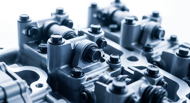 Close-up of a modern engine cylinder head with intricate mechanical components.