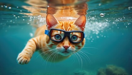 Ginger cat with blue goggles swims underwater in clear ocean water. Bubbles rise to surface as cat explores deep sea. Funny animal adventure.
