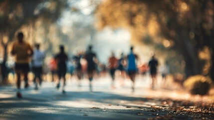 Group of blurred runners participating in an outdoor marathon event, showcasing health, fitness, endurance, and perseverance during an active fall day